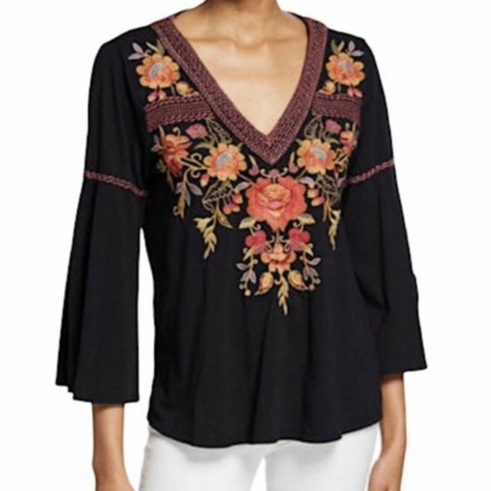 Johnny Was Black Embroidered Violette Swing Blouse